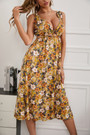 Summer New Floral Batch Printing Cotton Stretch Deep-V-Neck Strappy Hollow Lace Up Shirring Swing Stylish Sexy Midi Dress