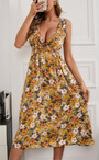 Summer New Floral Batch Printing Cotton Stretch Deep-V-Neck Strappy Hollow Lace Up Shirring Swing Stylish Sexy Midi Dress
