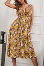 Summer New Floral Batch Printing Cotton Stretch Deep-V-Neck Strappy Hollow Lace Up Shirring Swing Stylish Sexy Midi Dress