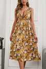 Summer New Floral Batch Printing Cotton Stretch Deep-V-Neck Strappy Hollow Lace Up Shirring Swing Stylish Sexy Midi Dress