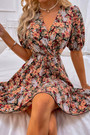 Summer New Floral Batch Printing Inelastic Backless Lace-Up V-Neck Sexy Vacation Mini Dress