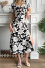 Summer New Floral Batch Printing Inelastic Puff Sleeves V-Neck Shirring High Slit Stylish Retro Midi Dress