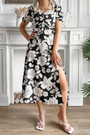 Summer New Floral Batch Printing Inelastic Puff Sleeves V-Neck Shirring High Slit Stylish Retro Midi Dress