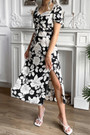 Summer New Floral Batch Printing Inelastic Puff Sleeves V-Neck Shirring High Slit Stylish Retro Midi Dress