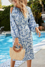 Summer New Floral Batch Printing Micro-Elastic Neck-Tie Hollow Shirring Silt Stylish Holiday Midi Dress