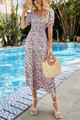 Summer New Floral Batch Printing Micro-Elastic Suqure Neck Puff Sleeves Smocked Swing Stylish Holiday Midi Dress
