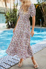Summer New Floral Batch Printing Micro-Elastic Suqure Neck Puff Sleeves Smocked Swing Stylish Holiday Midi Dress