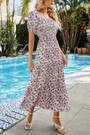 Summer New Floral Batch Printing Micro-Elastic Suqure Neck Puff Sleeves Smocked Swing Stylish Holiday Midi Dress
