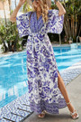 Summer New Floral Batch Printing Micro-Elastic V-Neck High Slit Swing Stylish Holiday Bohemian Maxi Dress