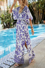 Summer New Floral Batch Printing Micro-Elastic V-Neck High Slit Swing Stylish Holiday Bohemian Maxi Dress