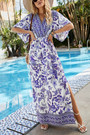 Summer New Floral Batch Printing Micro-Elastic V-Neck High Slit Swing Stylish Holiday Bohemian Maxi Dress