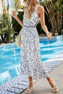 Summer New Floral & Gemotric Pattern Printing Patchwork Hollow Micro-Elastic Sleeveless Smocked Nipped Wasit Button Swing Stylish Holiday Midi Dress