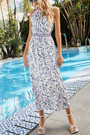 Summer New Floral & Gemotric Pattern Printing Patchwork Hollow Micro-Elastic Sleeveless Smocked Nipped Wasit Button Swing Stylish Holiday Midi Dress