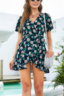 Summer New Floral & Leaf Batch Printing Chiffon Inelastic V-Neck Crossed Design Lace Up Ruffled Stylish Holiday Mini Dress