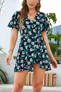Summer New Floral & Leaf Batch Printing Chiffon Inelastic V-Neck Crossed Design Lace Up Ruffled Stylish Holiday Mini Dress