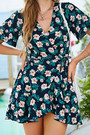 Summer New Floral & Leaf Batch Printing Chiffon Inelastic V-Neck Crossed Design Lace Up Ruffled Stylish Holiday Mini Dress