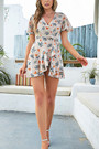 Summer New Floral & Leaf &Butterfly Batch Printing Chiffon Inelastic V-Neck Crossed Design Lace Up Ruffle Irregular Stylish Pretty Mini Dress