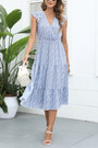 Summer New Floral Printing Inelastic Chiffon V-Neck Ruffle Stylish Casual Vacation Style Midi Dress