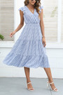Summer New Floral Printing Inelastic Chiffon V-Neck Ruffle Stylish Casual Vacation Style Midi Dress