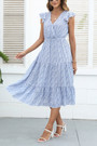 Summer New Floral Printing Inelastic Chiffon V-Neck Ruffle Stylish Casual Vacation Style Midi Dress