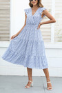 Summer New Floral Printing Inelastic Chiffon V-Neck Ruffle Stylish Casual Vacation Style Midi Dress