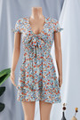 Summer New Floral Printing Inelastic V-Neck Bowknot Frill Trim Sexy Sweet Mini Dress 1#