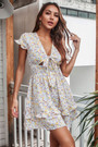 Summer New Floral Printing Inelastic V-Neck Bowknot Frill Trim Sexy Sweet Mini Dress 2#