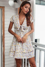 Summer New Floral Printing Inelastic V-Neck Bowknot Frill Trim Sexy Sweet Mini Dress 2#