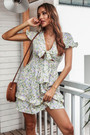 Summer New Floral Printing Inelastic V-Neck Bowknot Frill Trim Sexy Sweet Mini Dress 3#