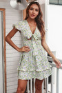 Summer New Floral Printing Inelastic V-Neck Bowknot Frill Trim Sexy Sweet Mini Dress 3#