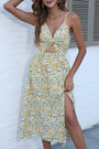 Summer New Floral Printing Micro-Elastic Backless Sling Hollow Out Kink Tied High Split Sexy Vacation Style Midi Dress