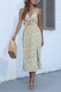 Summer New Floral Printing Micro-Elastic Backless Sling Hollow Out Kink Tied High Split Sexy Vacation Style Midi Dress