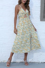 Summer New Floral Printing Micro-Elastic Backless Sling Hollow Out Kink Tied High Split Sexy Vacation Style Midi Dress