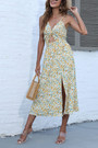 Summer New Floral Printing Micro-Elastic Backless Sling Hollow Out Kink Tied High Split Sexy Vacation Style Midi Dress