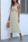 Summer New Floral Printing Micro-Elastic Backless Sling Hollow Out Kink Tied High Split Sexy Vacation Style Midi Dress