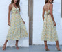 Summer New Floral Printing Micro-Elastic Backless Sling Hollow Out Kink Tied High Split Sexy Vacation Style Midi Dress