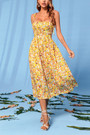 Summer New Floral Printing Micro-Elastic Tie-Shoulder Backless Low-Cut Sexy Vacation Style Midi Dress