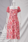 Summer New Flower Batch Printing Micro-Elastic Square-Neck Backless Tied High Split Sexy Vacation Style Midi Dress