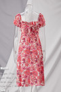 Summer New Flower Batch Printing Micro-Elastic Square-Neck Backless Tied High Split Sexy Vacation Style Midi Dress