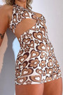 Summer New Heart And Flower Batch Printing Halter-Neck Lace-Up Hollow Metal Ring Connected Sexy Backless Mini Dress