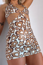 Summer New Heart And Flower Batch Printing Halter-Neck Lace-Up Hollow Metal Ring Connected Sexy Backless Mini Dress