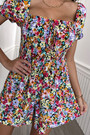 Summer New Holiday Style Chiffon Floral Batch Printing Puff Sleeves Backless Stretch Sexy Mini Dress