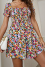 Summer New Holiday Style Chiffon Floral Batch Printing Puff Sleeves Backless Stretch Sexy Mini Dress