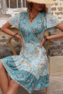 Summer New Inelastic Flower Printing V-Neck Short Sleeves Casual Mini Dress