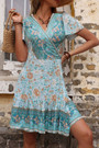 Summer New Inelastic Flower Printing V-Neck Short Sleeves Casual Mini Dress