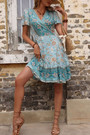 Summer New Inelastic Flower Printing V-Neck Short Sleeves Casual Mini Dress