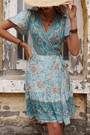 Summer New Inelastic Flower Printing V-Neck Short Sleeves Casual Mini Dress