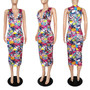 Summer New Multicolor Batch Printing Stretch Deep V Sexy Bodycon Midi Dress