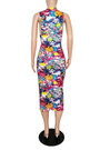 Summer New Multicolor Batch Printing Stretch Deep V Sexy Bodycon Midi Dress
