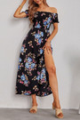 Summer New Off The Shoulder Flower Batch Printing Stretch Slit Midi Dress #1#